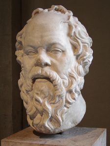 Sokrates (470-399 f. Kr) - Portrait of Socrates made in Marble, Roman artwork (1st century), perhaps a copy of a lost bronze statue made by the Greek Lysippos. Photographed by Eric Gaba at the Louvren museum of art in Paris. 